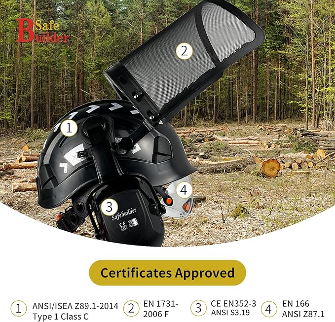 Forestry Safety Helmet with Build-in Visor Mesh Face Shield Ear Muffs 4 in 1 Chainsaw Safety Hard Hats