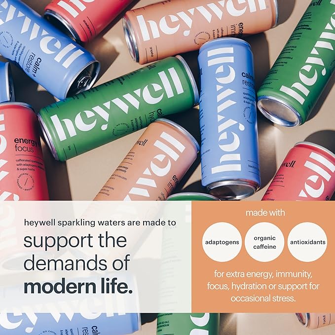 Heywell Sparkling Adaptogenic Water Energy and LIft, Cherry Limeade Flavor 12 Fluid Ounce (Pack of 12) - Caffeinated, Organic, Non GMO, Vegan, Gluten Free, Dairy Free