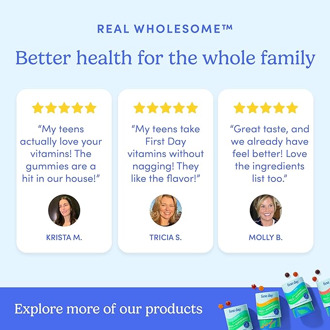 FIRST DAY Vitamins for Teens - Teen Multi Vitamins for Girls & Boys 12-17, Organic Fruit & Veggie Blend - 12 Key Nutrients: Vitamins A, B1, B2, B6, B9, B12, C, D3, E, K2-60 Day Supply