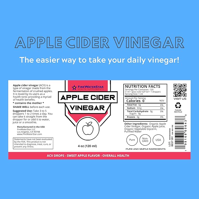 FWS Apple Cider Vinegar - Apple Flavored ACV Supplement Drops - Organic, Non-GMO, Vegan, Keto - with Mother - Easy to Swallow Daily Vinegar - Supports Overall Health and Digestion - 4oz