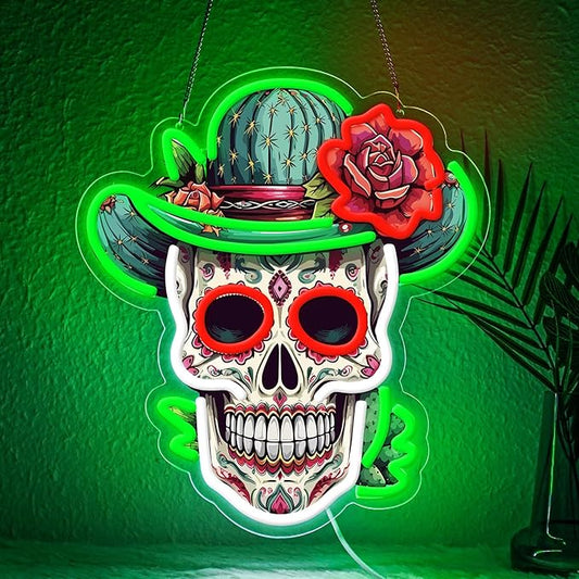 Day of the Dead Neon Sign - Mexican Sugar Skull LED Neon Light for Home & Bar Decor,UV Printed Art with Flexible LED Strip,Halloween & Día de Muertos Party Decoration（green)