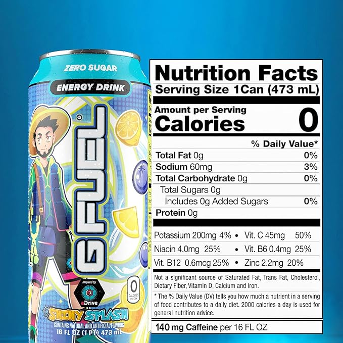 G Fuel Energy Drink, Blueberry Lemonade, Sugar Free Beverage with 140mg Caffeine, Daily Energy Boost with Focus Amino, Vitamin + Antioxidants, 16 oz Cans (aDrive, 12-Pack)