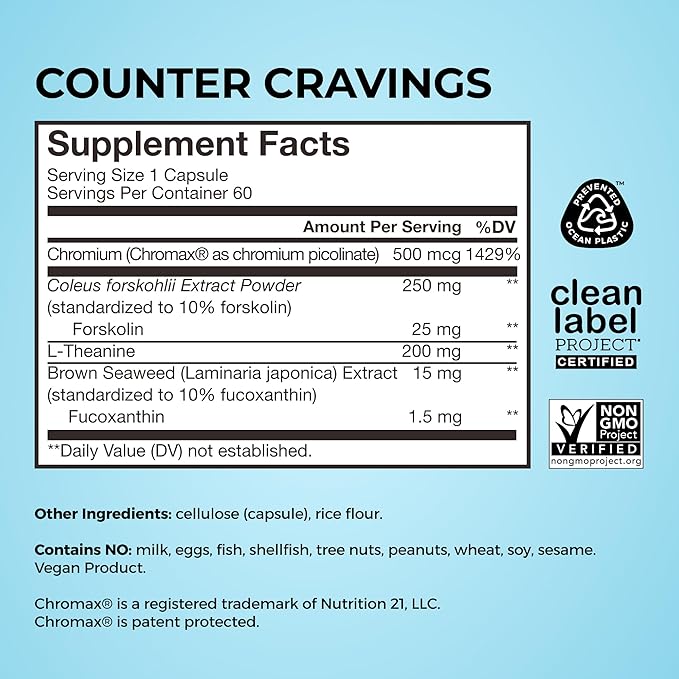 HUM Counter Cravings - Chromium Craving Suppressants with L-Theanine, Seaweed Extract & Forskolin to Support a Healthy Lifestyle (60-Count)