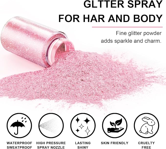 Hair and Body Glitter Spray, 1PC Pink Hair Glitter Extra Fine Face Shimmer Powder for Clothes, Festival Loose Sparkle Powder for Rave Clothes Nail Art Easter Halloween Crafts (Pink)