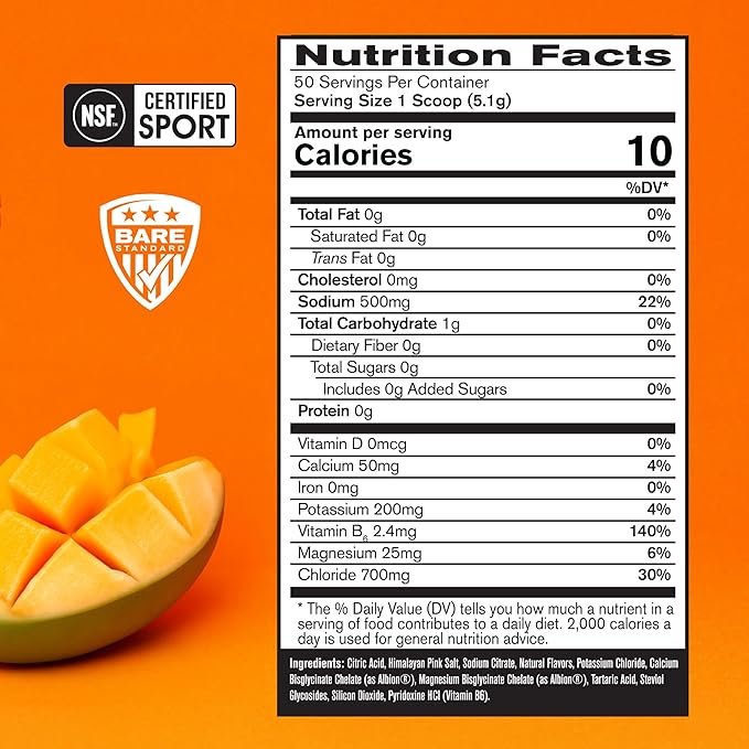 BARE PERFORMANCE NUTRITION BPN Electrolytes Hydration Drink Mix | Sugar Free Electrolyte Powder | 500mg Sodium per Serving | Naturally Sweetened | Mango, 50 Servings