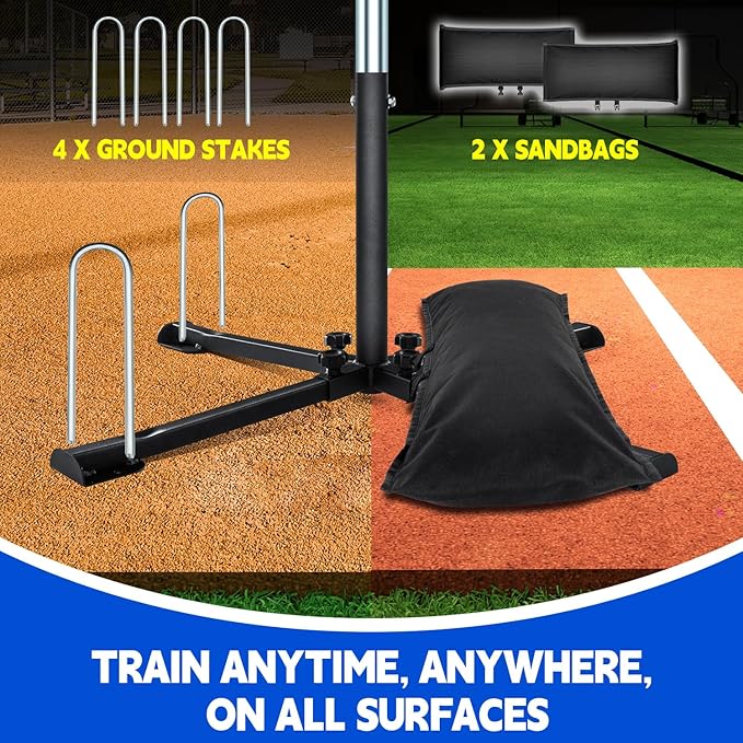 Batting Tee with Tethered Ball – Adjustable 20" to 45" Baseball & Softball Hitting Trainner – Metal X-Base with 4 Ground Stakes & 2 Sandbags for Maximum Stability – Swing Trainner for All Ages