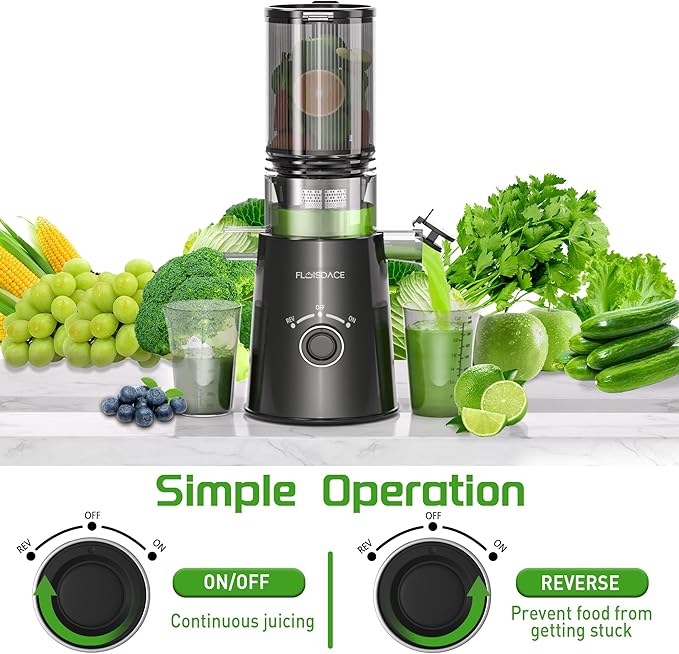 Cold Press Juicer, Slow Masticating Juicer Machines with 5" Feeding Chute Fit Whole Fruits&Vegetables, Stainless Steel Slow Masticating Juicer Easy to Clean, 99.6% Juice Purity, 1.5L Capacity-Black.