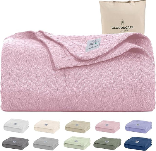 Cloud Scape Linen 100% Cotton Blanket King Size for Bed – Lightweight Summer Blanket, Herringbone Weave,fits California King Size Bed, 92x108,Seashell Pink