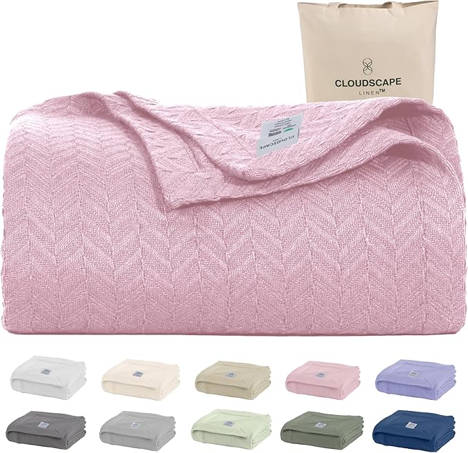 Cloud Scape Linen Herringbone Cotton Twin Blanket for Couch, Bed,Sofa, Home Decor, Soft, Lightweight, All-Season Bed Blanket, 68 x92, Seashell Pink