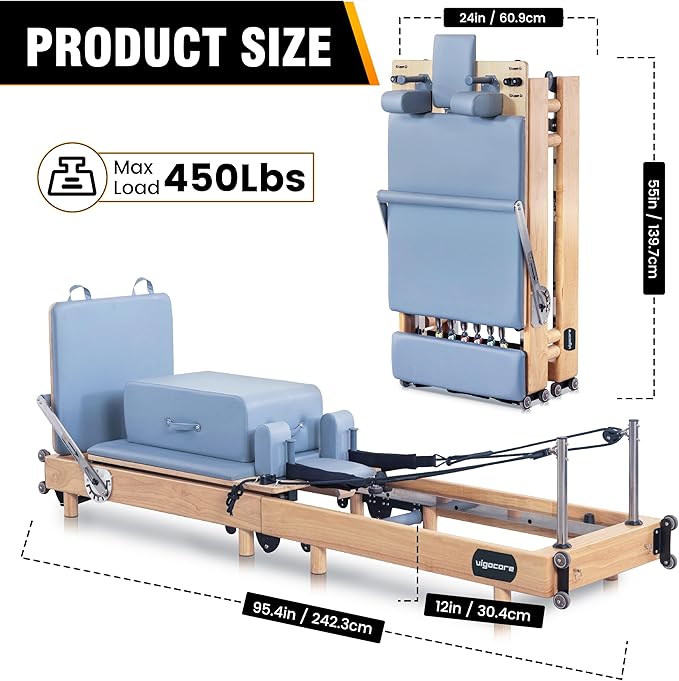 Foldable Wooden Pilates Reformer Machine with Ultra-Fiber Leather Seat, Oak Frame, Adjustable Resistance, Full-Size for Heights 4’ to 5’9”, Home and Studio Use, 480lbs Capacity