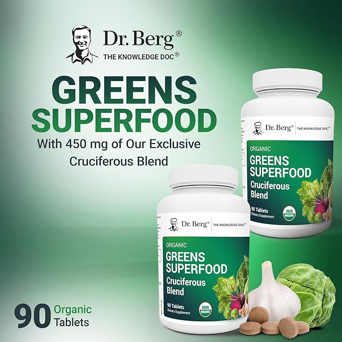 Dr. Berg's Greens Superfood Cruciferous Vegetable Tablets - Vegetable Supplements for Adults w/ 11 Phytonutrient Super Greens - Energy, Immune System & Liver Veggie Tablets - 90 Tablet
