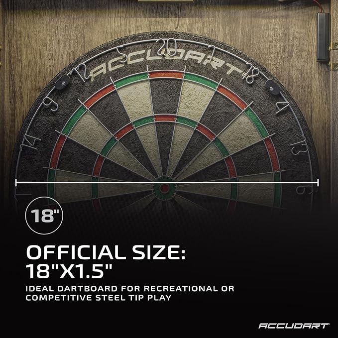 Accudart Match Pro Dartboard Cabinet Set - Official Size - Self Healing Sisal - Modern Style Woodgrain - Two Built-in Dartholders - LED Lighting - Includes Scoreboard, Chalk, Eraser, and Six Darts