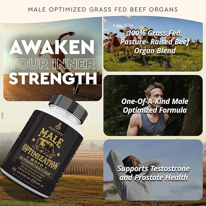 Ancestral Supplements Mofo, Supplements for Men, Support for Energy Levels and Overall Men's Health and Wellness, Non-GMO Grass Fed Beef Organ Supplement with Liver, No Fillers, 180 Capsules