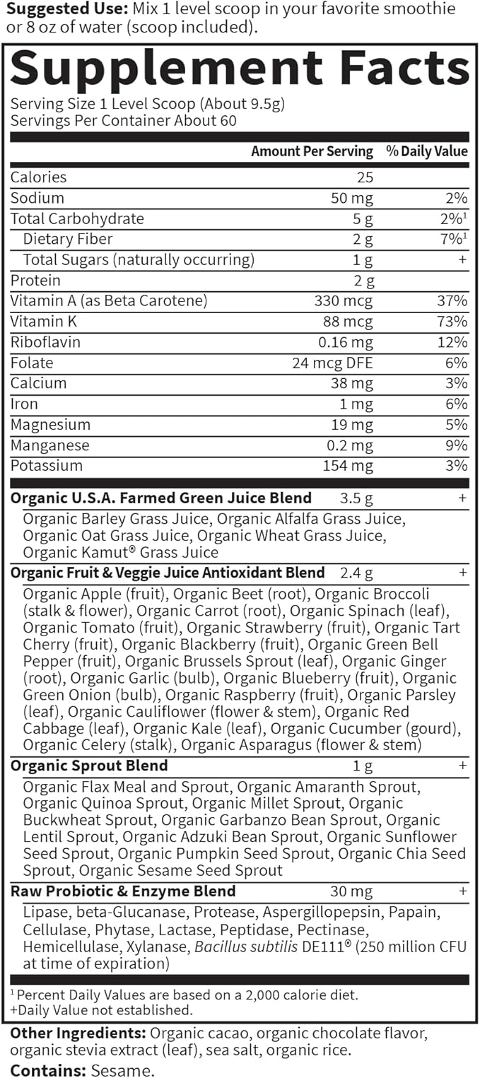 Garden of Life Raw Organic Perfect Food Green Superfood Juiced Greens Powder - Chocolate, 60 Servings, Non-GMO, Gluten Free, Vegan Whole Food Dietary Supplement Plus Probiotics, Enzymes