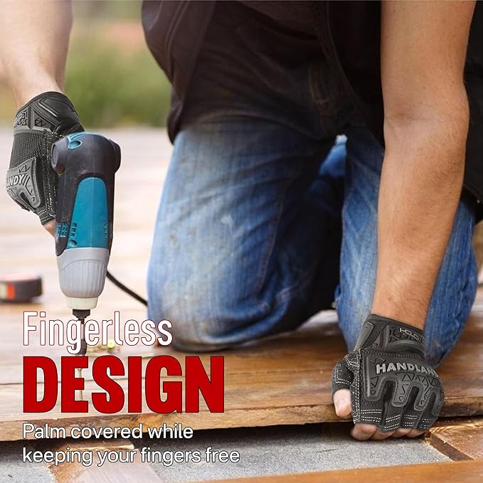 HANDLANDY Fingerless Work Gloves for Men, Padded Half Finger Tactical Mechanics Gloves, Utility Trucker Driver Gloves (Black, X-Large (Pack of 1))