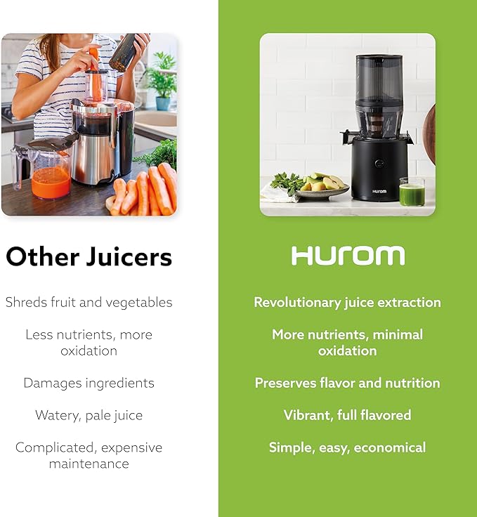 Hurom H320 Cold Press Juicer Machine, Easy to Clean Masticating Slow Juicer, Coarse Strainers, Self-Feeding, Hands Free, Family Size, Quiet Motor, Easy Assembly (Black)
