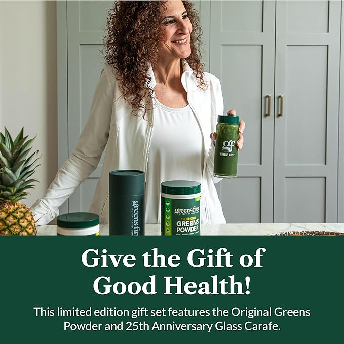 Greens First Gift Set - Limited Edition Glass Carafe & Organic Greens Powder - 49 Superfoods - Prebiotics, Probiotics & Digestive Enzymes - Dairy Free, Vegan & Non-GMO (Mint, 30 Servings)