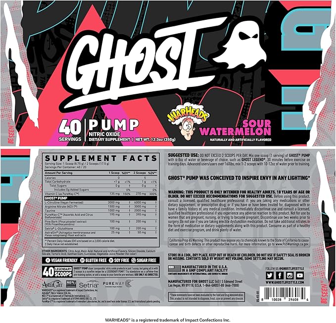 GHOST Pump Nitric Oxide Powder, Warheads Sour Watermelon - 40 Servings - Sugar & Stim-Free Pre-Workout Supplements- L-Citrulline, Arginine Nitrate & L-Glutathione - Soy & Gluten-Free, Vegan