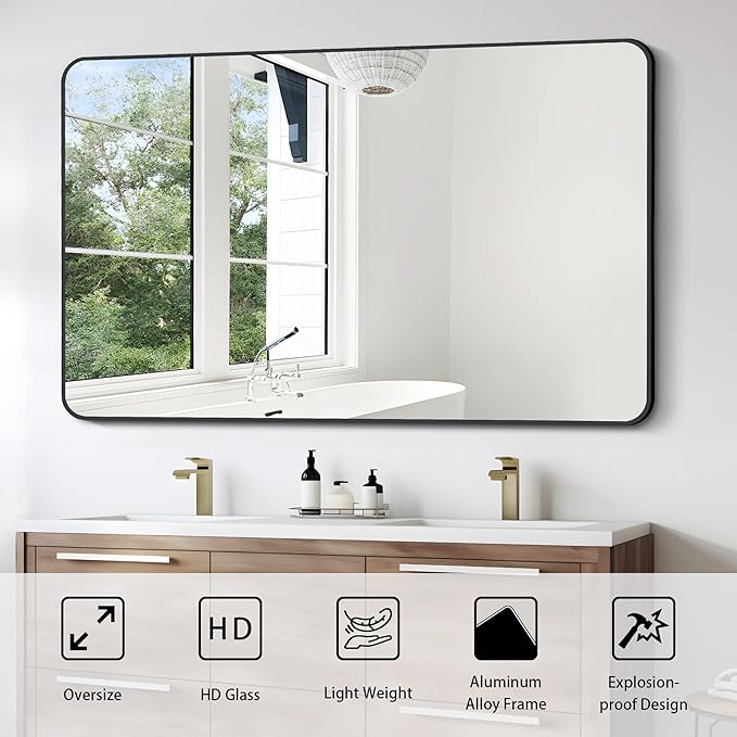 FORBATH Large Bathroom Mirror 36 x 55 Inches，Black Large Wall Mirror Aluminum Frame Wall Mounted Rounded Corner Morndern Mirror for Bathroom Bedroom Entryway Living Room