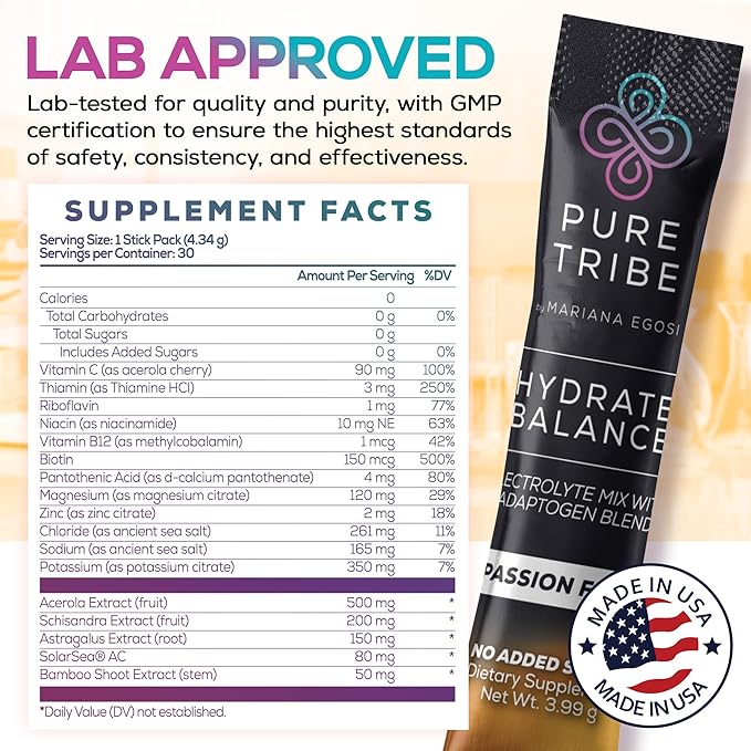 Electrolytes Powder Packets - Sugar Free Hydration Powder Drink Mix Loaded with 6 B Vitamins & Minerals - Energy Drink for Muscle and Mood Support - Passion Fruit Flavor - 30 Servings