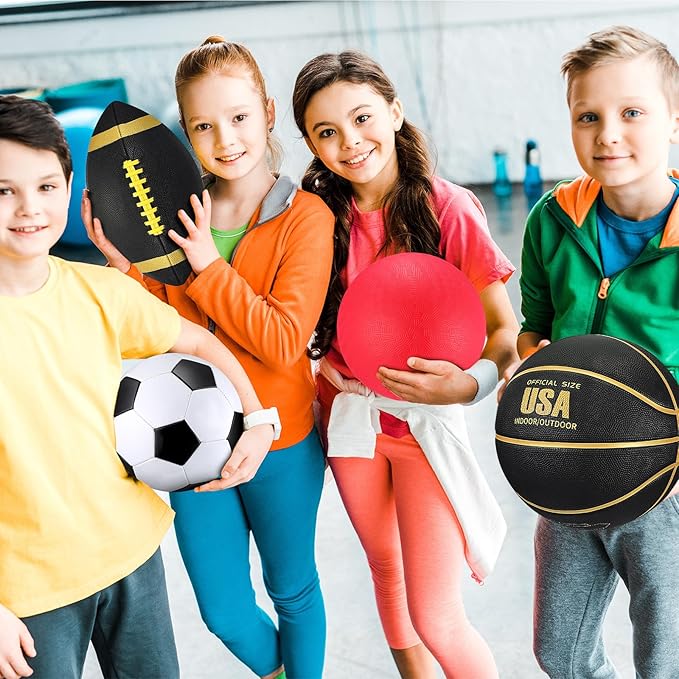 Deekin 4 Pcs Sport Balls Set for Kids Teens, Include Official Size 5 Basketball 4 Soccer 6 Football Playground Ball and Pump Sports Equipment Bag Recess Equipment Sport for Students(Classic Color)