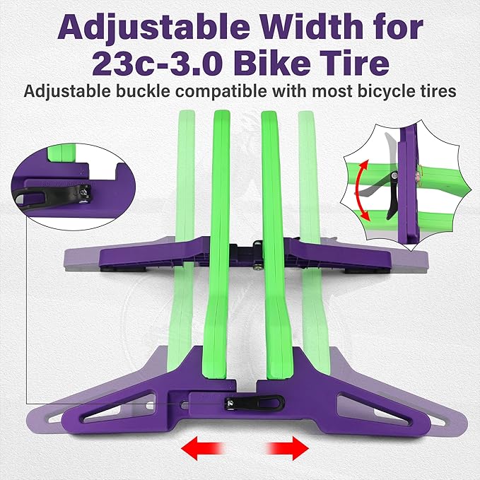 Adjustable Bike Parking Stand Fits 16-29 Inch Bicycles, Compatible with 23c-3.0 Tire Width – Heavy-Duty Plastic, Easy Installation, Stylish Two-Tone Design (Green&Purple(2 Pack))