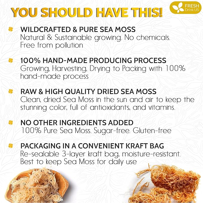 FRESHDRINKUS, Premium - Natural Sea Moss, Make 42oz of Gel, Goldne Raw Sea Moss Dried, 100% Natural & Pure, Wildcrafted, Sundried, Caffeine Free, Sugar Free, Gluten Free, Vegan, Mineral Rich
