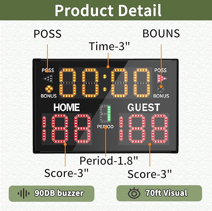 Basketball Digital Scoreboard with Remote,Battery Powered Portable Tabletop Electronic Scoreboard with 75dB Buzzer,Countdown Timer & Score for Games