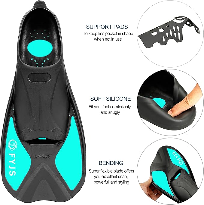 FYJS Short Swim Fins with Comfortable Full Foot Pocket Travel-Size for Snorkeling and Scuba Diving