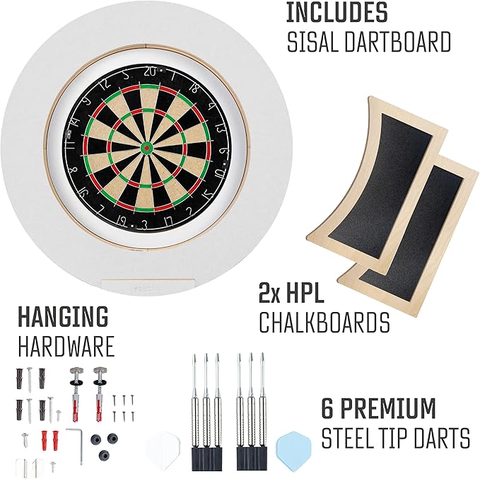 Dart Board Cabinet Set with LED Light; Bristle Dartboard, Built in LED Light, Darts and Chalkboards