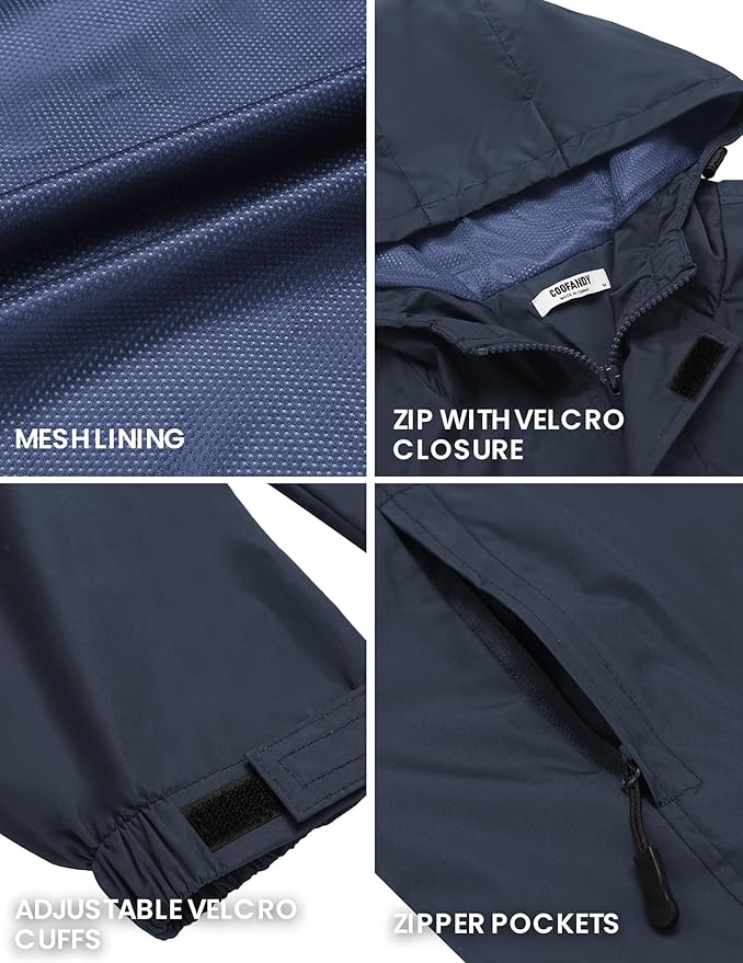 COOFANDY Men's Rain Jacket Waterproof With Hood Lightweight Packable Shell Raincoat Windbreaker For Cycling Golf Travel