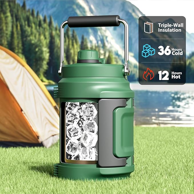 64 oz Insulated Water Bottle for Camping: Meoky Triple Wall Vacuum Stainless Steel Half Gallon Water Jug - Top and Side Handles, 2-in-1 Straw and Spout Lid, Cold for 36 Hrs, Leak Proof, BPA Free (Fir)