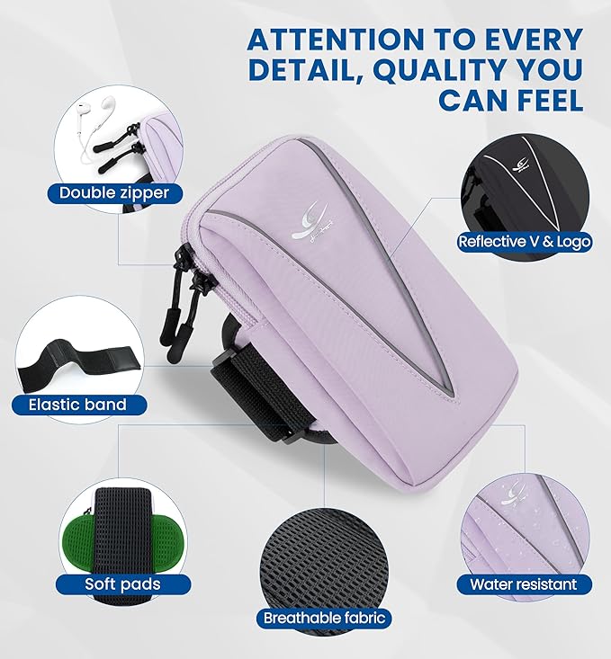 HiRui Cell Phone Holder Arm Bag & Wrist Bag for Phone, Sports Running Armband for Gym & Cycling, Compatible with iPhone 16/16Pro/Plus/15/14 Samsung Galaxy All Phones, Reflective & Adjustable (Purple)