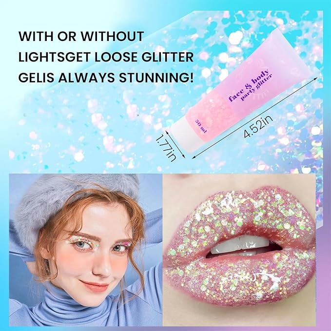 DAGEDA Body Glitter Gel, Face Glitters Body Gel Sequins Shimmer Liquid Eyeshadow, Chunky Glitter for Face Hair Nails, Holographic Cosmetic Laser Powder Festival Glitter Makeup 1.7oz (Light Pink)