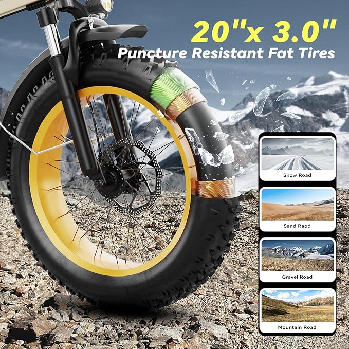 Foldable Electric Bike for Adults, 30+MPH, 48V 20Ah Removable Lithium Battery up to 80Miles, 20" Fat Tire 1000W Peak Motor Dirt Ebike Adult Electric Bicycle for Commute Beach Mountain E Bike