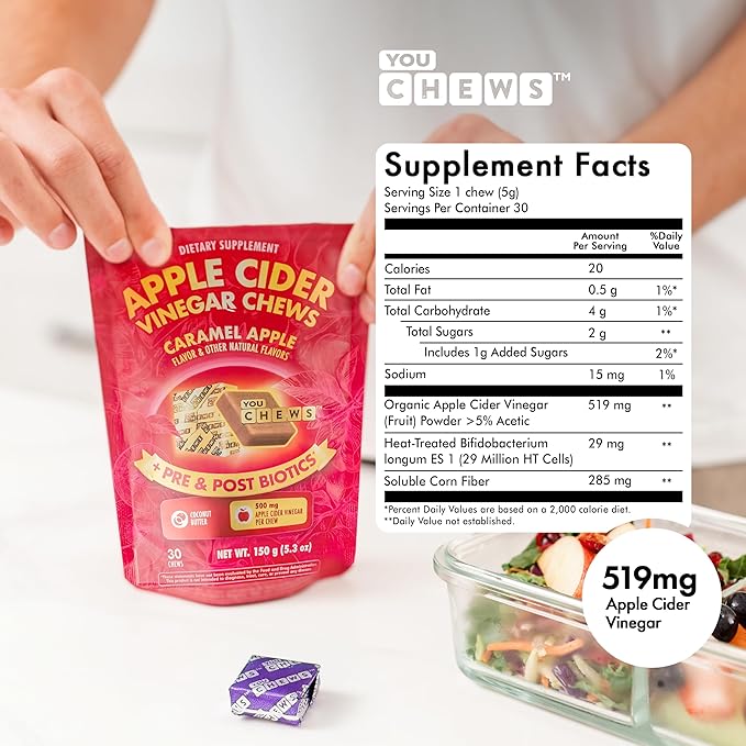 Apple Cider Vinegar Chews Better Than Apple Cider Gummies - Bloating Relief for Women and Men, 500mg Organic ACV with Prebiotics & Postbiotics, Low Sugar, Caramel Flavor, 30 Count