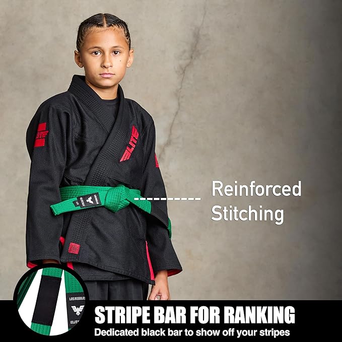 Elite Sports Kids Brazilian Jiu Jitsu Belts Preshurunk Martial Arts Youth BJJ Belts for Girls & Boys with BJJ Ranking Stripes