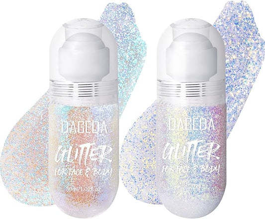 DAGEDA 2Colors Roll-on Body Glitter Gel for Body, Hair, Face, Holographic Glitter Makeup for Rave Accessories, Body Shimmer for Halloween Makeup(Fantasy + Ocean Glow)
