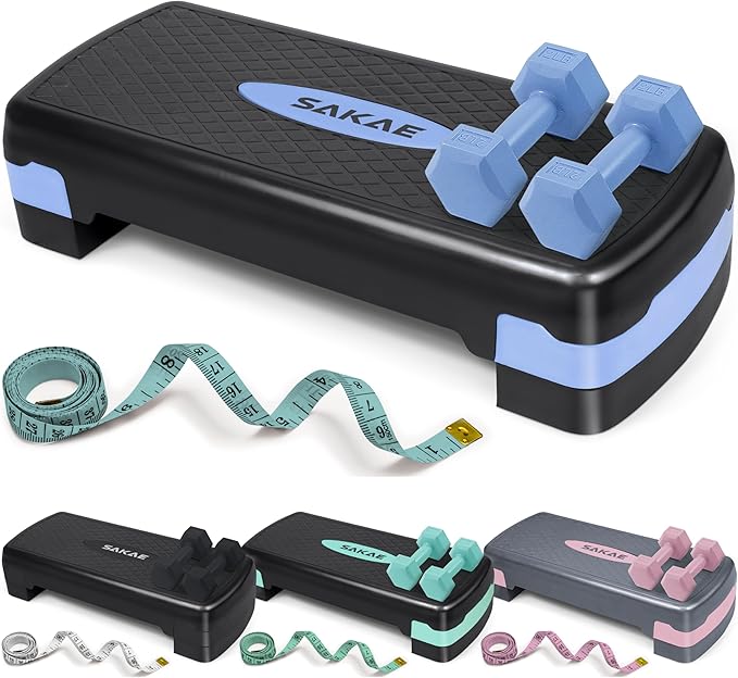 Aerobic Stepper Set with Dumbbells & Measuring Tape, Adjustable Height 2 Level Risers Workout Exercise Step Platform, 4 Colors, the Ultimate Gift for a Joyful Holiday and Merry Christmas