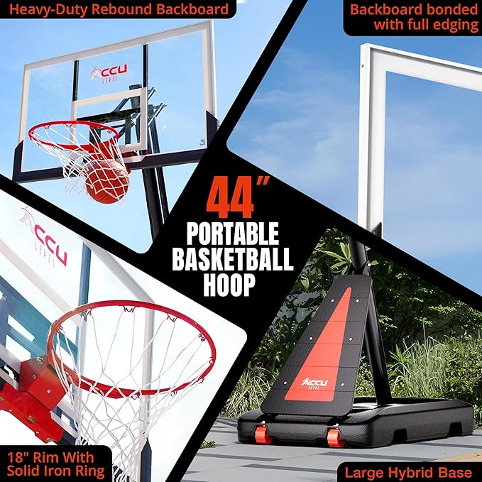 Crank Lift Basketball Hoop Outdoor 7.5-10ft Adjustable Portable Basketball Goal for Youth and Adults 44" 50" and 54" Patented Angle Adjustable PC Backboard and Large Fillable Base