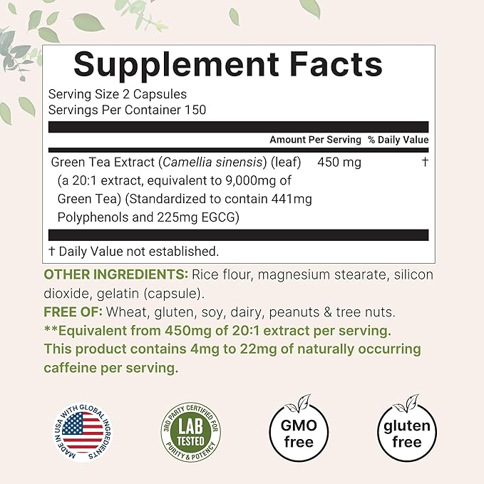 Extra Strength Green Tea Extract 9,000mg, 300 Capsules | 50% EGCG, 98% Polyphenols | 5 Month Supply | Maximum Potency Polyphenols Antioxidant Supplement for Skin, Energy, Brain & Heart Support