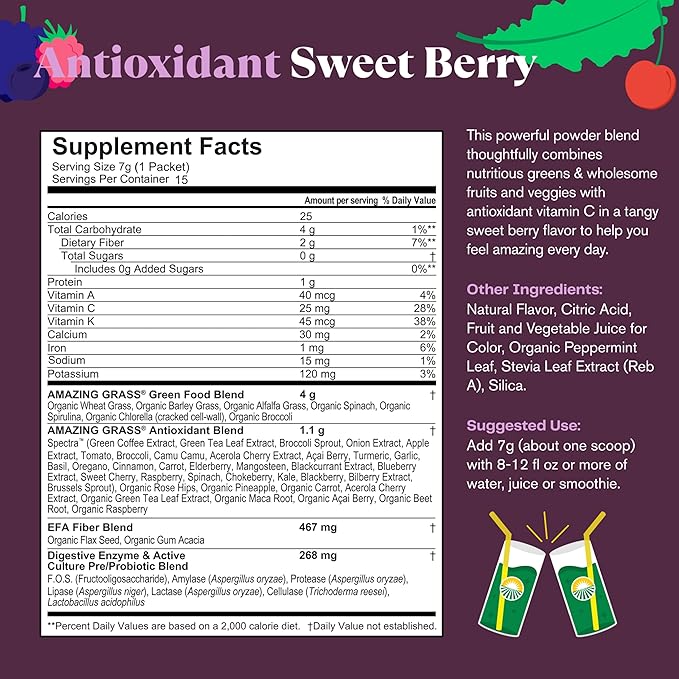 Amazing Grass Greens Blend Antioxidant: Super Greens Powder with Spirulina, Beet Root Powder, Elderberry, Prebiotics & Probiotics, Sweet Berry, 15 Servings (Packaging May Vary)