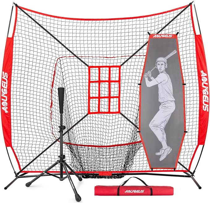 7'X7' Baseball Softball Practice Net,Pitching Net,Batting Net,with Baseball Tee,Bonus Strike Zone and Bow Frame,for Hitting,Pitching, Catching