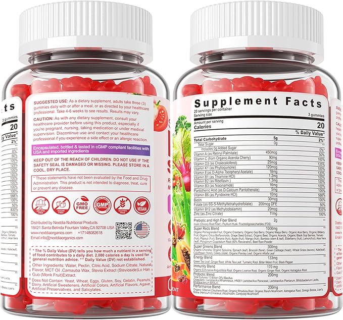 Fruit and Veggie Supplement, Super Greens & Reds Gummies w/40+ Superfoods, Multivitamin, Polyphenol, Spirulina Chlorella, Beet Root Powder Alternative, Support Energy Antioxidants & Gut Health, 120Cts