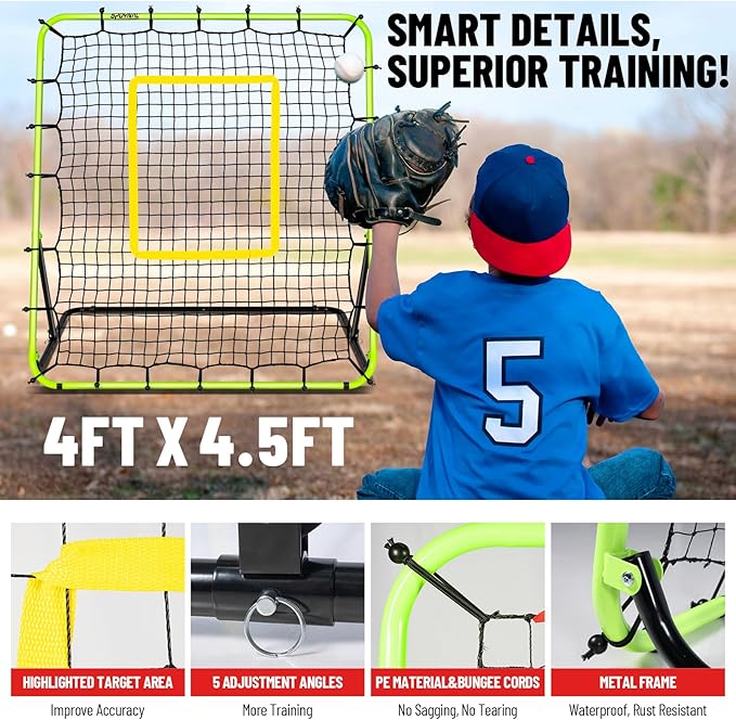 Baseball Rebounder Net 4x4.5FT - 5 Adjustable Angles Baseball Training Equipment for Ground, Line Drive & Fly Balls, Soccer Softball Volleyball Rebounder, Bounce Back Net with Hangbag