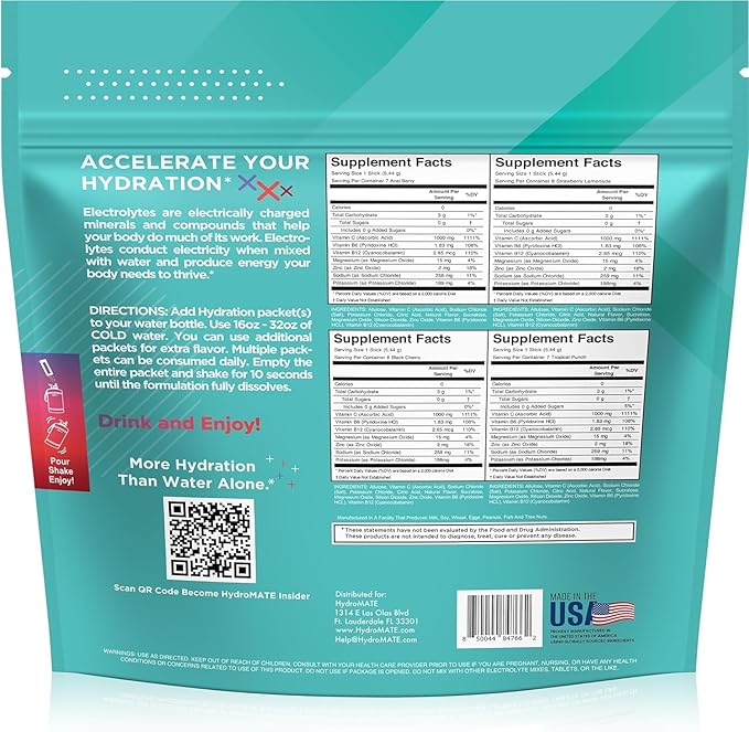 Electrolyte Powder Sugar-Free Hydration Packets Variety Pack HydroMATE 90 Sticks