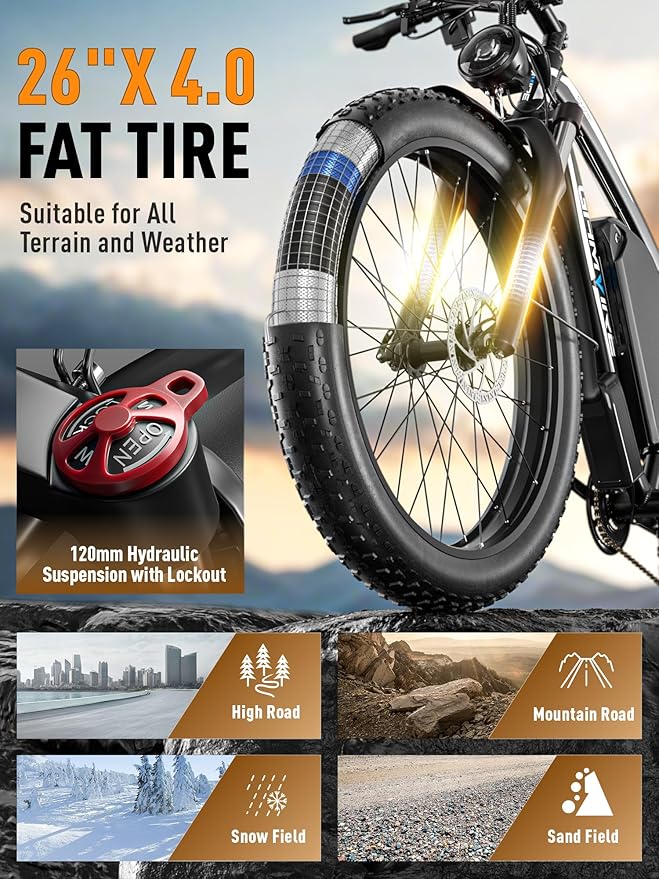 Ebike for Adults Electric, 52V 19.2Ah/32Ah, Peak 2000W/2500W E-Bike, 36/40MPH, 70 Miles/100Miles Long Range, Hydraulic Disc Brake, Off Road Snow Mountain E-Bike, 24"/26" Fat Tire Fast Electric Bicycle
