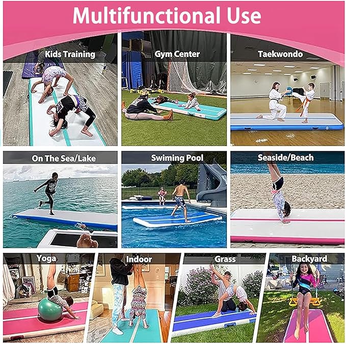 DOBESTS Inflatable Air Gymnastics Mat Tumbling Mat Tumble Track Gymnastics Training for Kids Home 6.6 feet 10 feet 13feet 16feet 20feet 4/8inch Thick for Cheerleading Dance Yoga Cheer Water With Pump