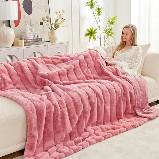 Cozy Bliss Faux Fur Throw Blanket for Couch, Cozy Warm Plush Striped Blanket for Sofa Bedroom Living Room, Pink