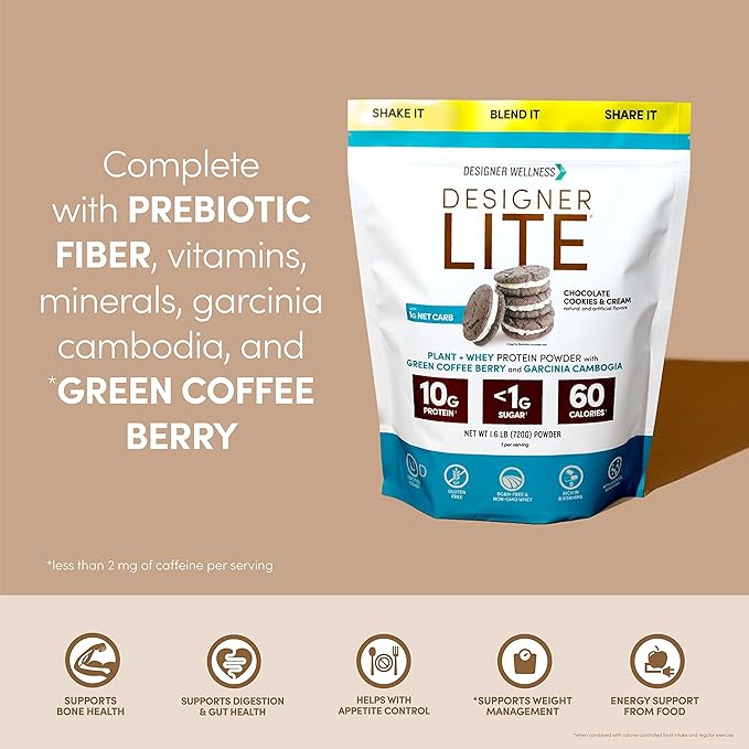 Designer Wellness, Designer Lite, Low Calorie Natural Protein, Prebiotic Fiber, Key Vitamins & Minerals, Chocolate Cookies & Cream, 25.6 Ounces